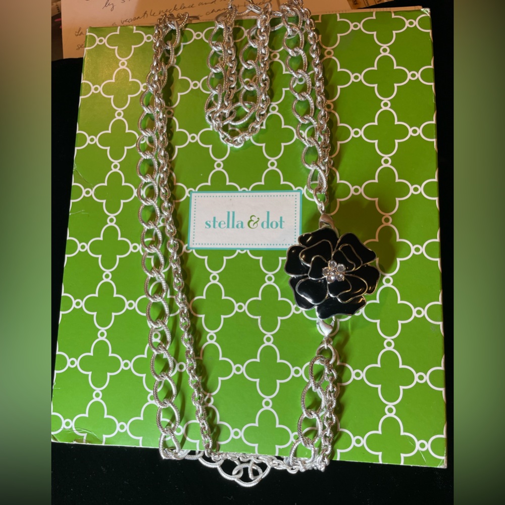Stella & Dot La Coco Silver Curb Chain Necklace Bracelet Enamel Brooch Set